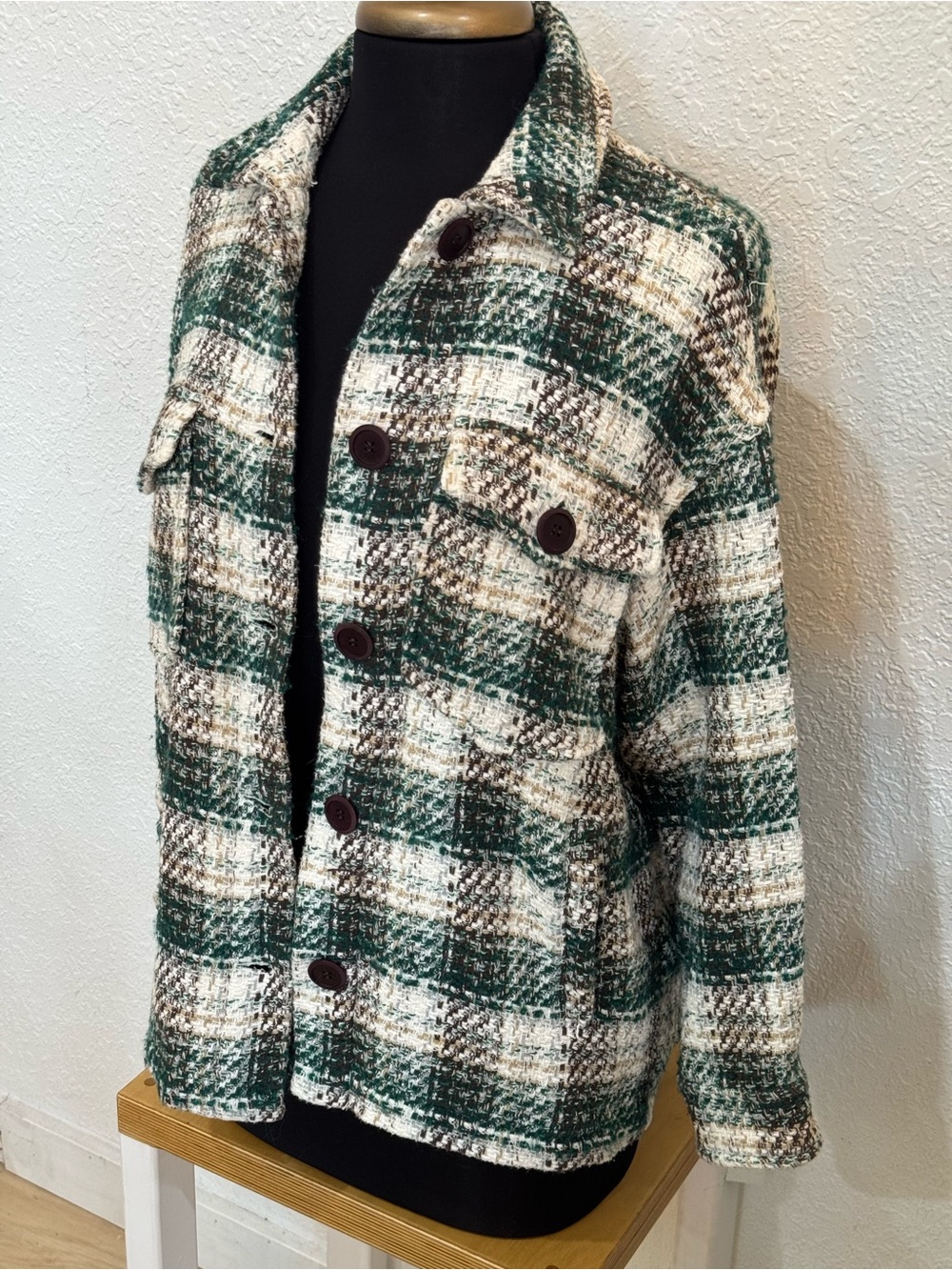 Zara Green and Cream Plaid Teddy Shacket - Picture 2 of 5